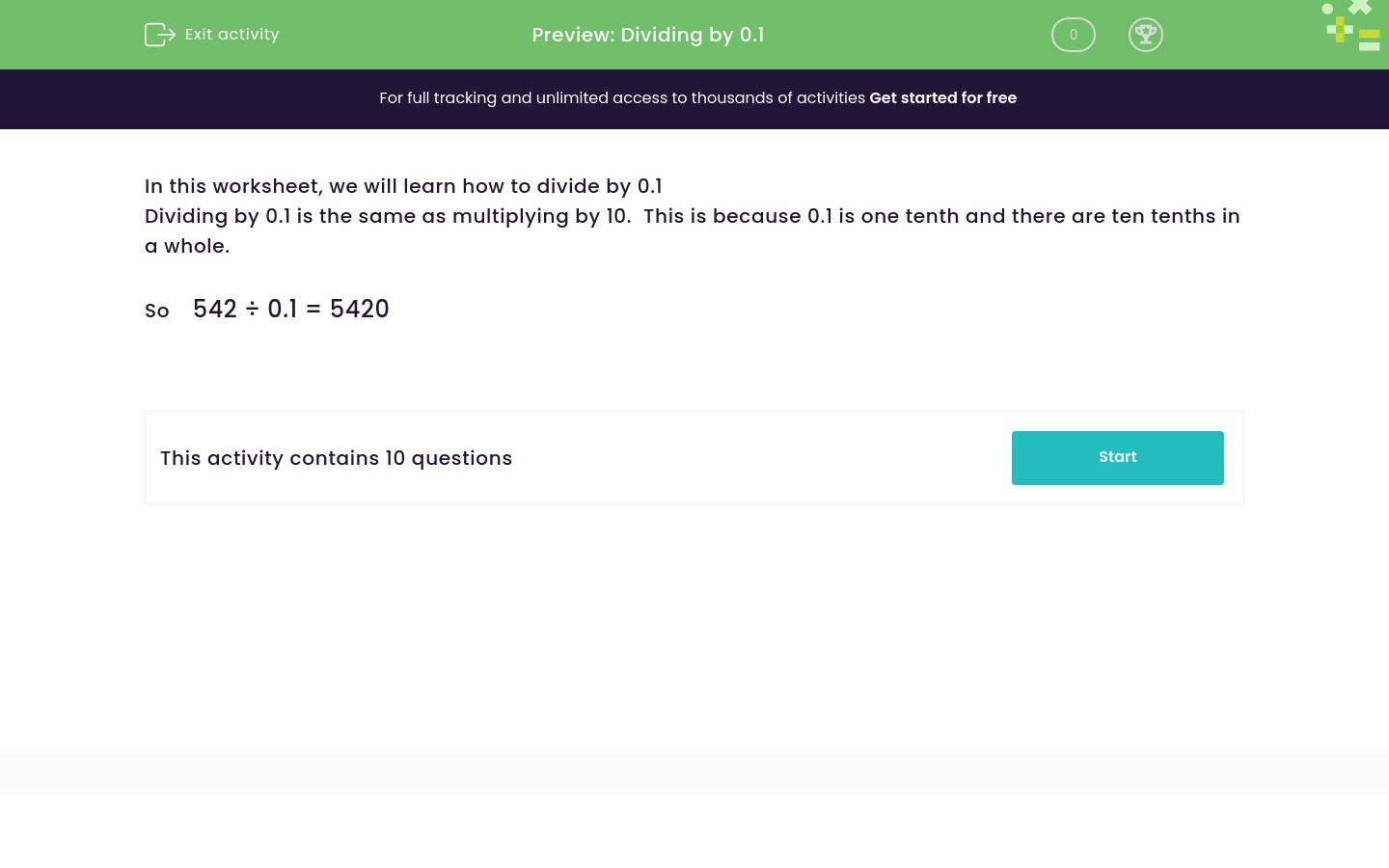 Divide by 0.1 Worksheet EdPlace
