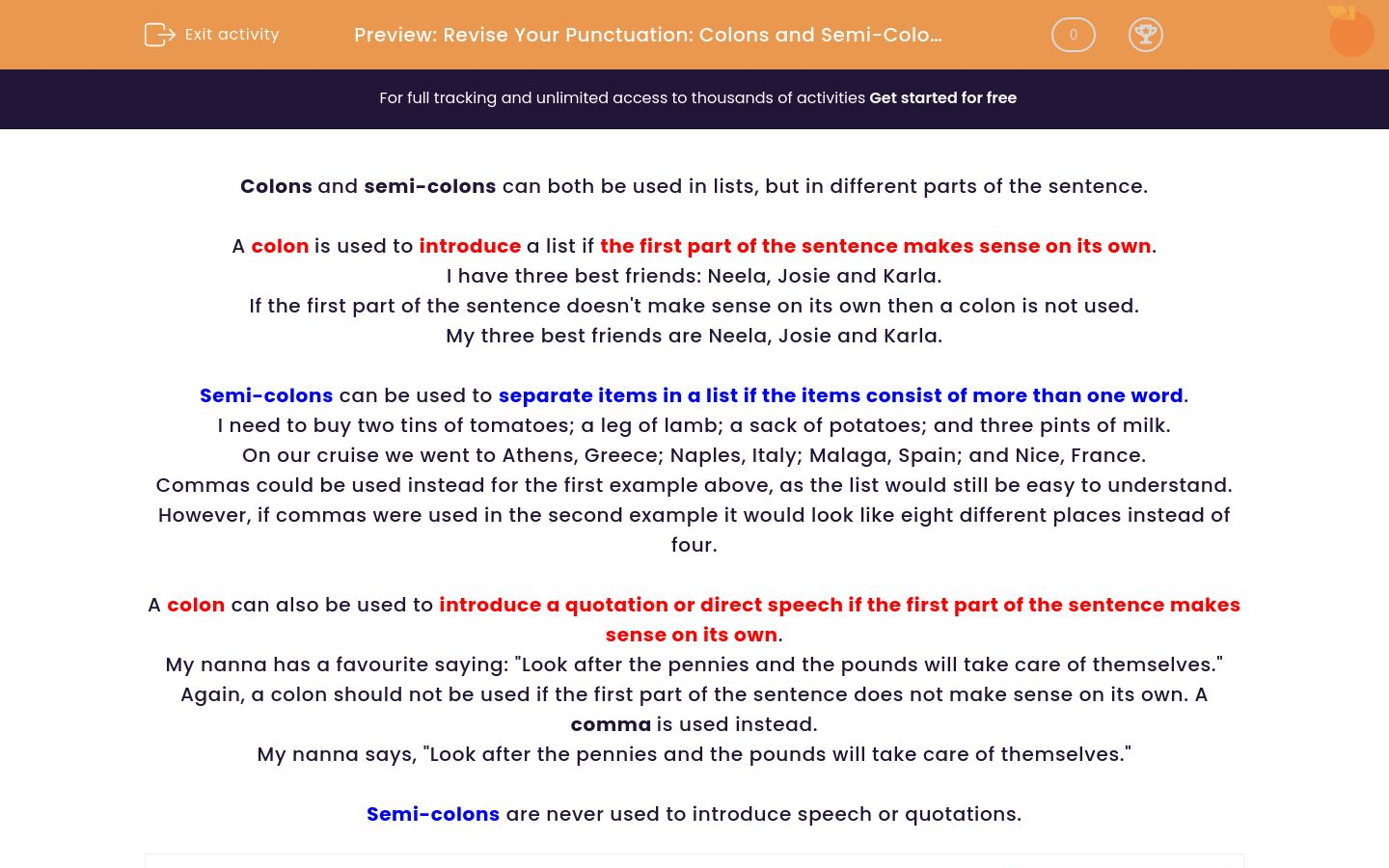 Revise Colons and Semicolons in Lists and Quotations Worksheet - EdPlace