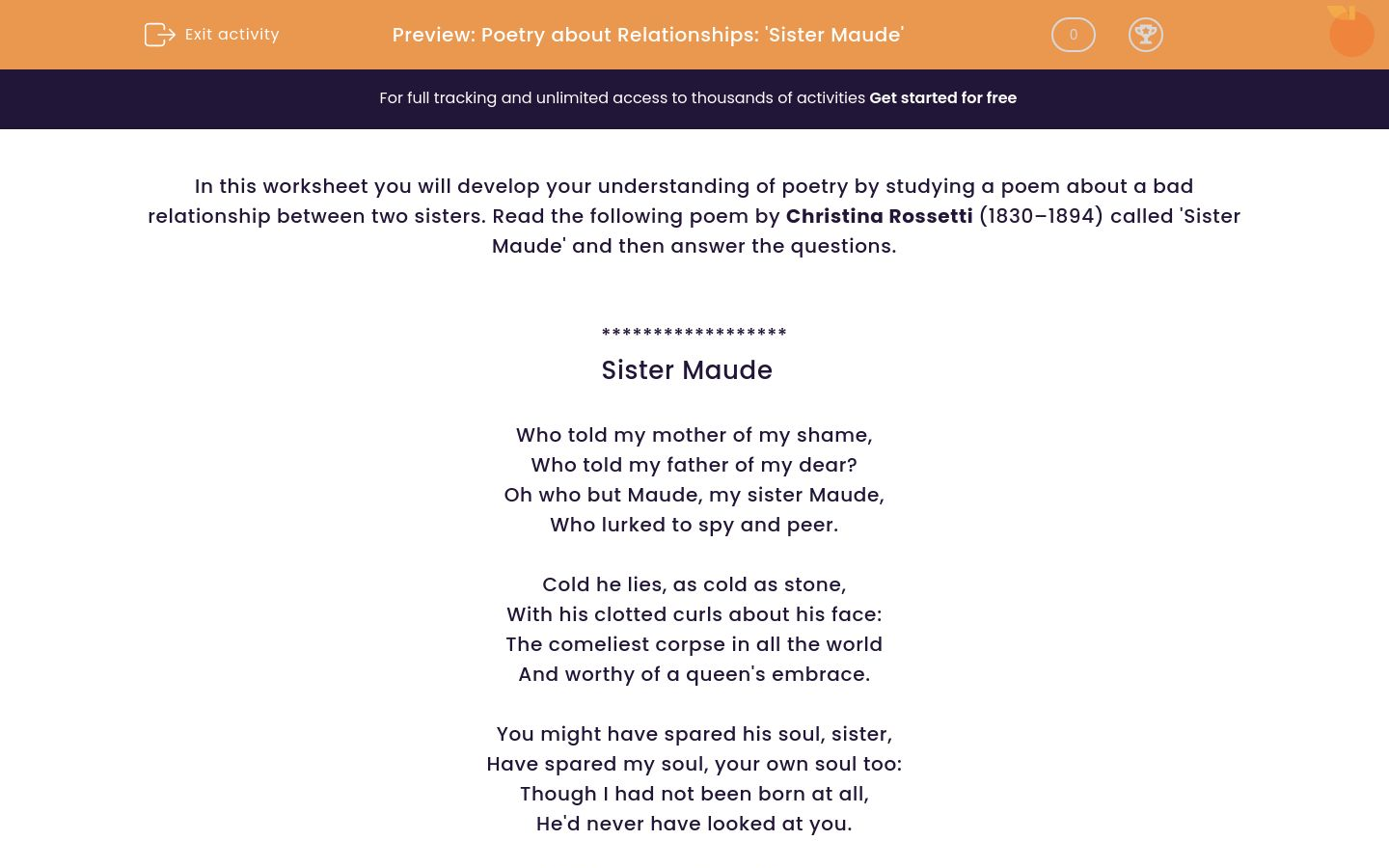 Poetry about Relationships: 'Sister Maude' Worksheet - EdPlace