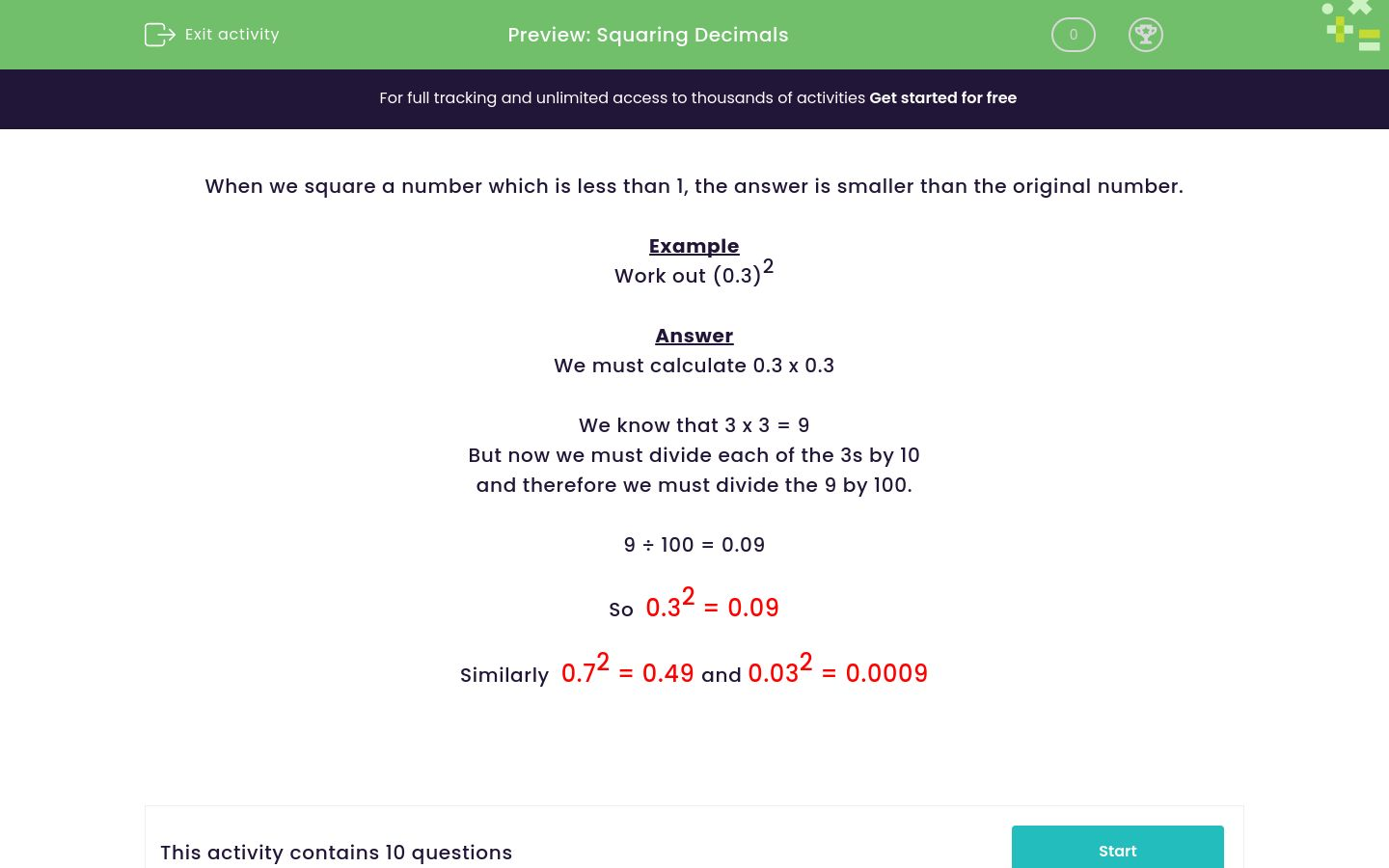 Square Simple Decimals Worksheet - EdPlace