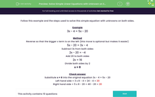 'Solve Simple Linear Equations with Unknowns on Each Side' worksheet