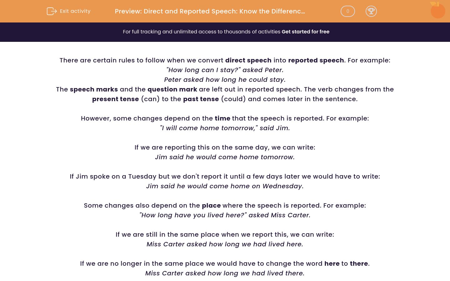 Practise Changing Direct Speech into Reported Speech Worksheet - EdPlace