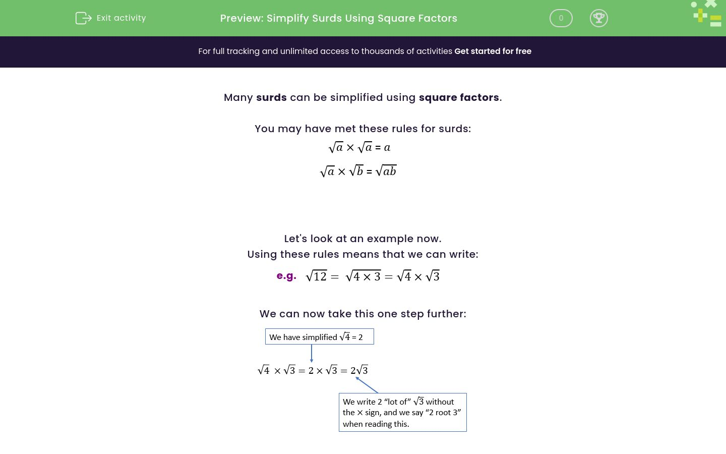 Simplify Surds Using Square Factors Worksheet - EdPlace