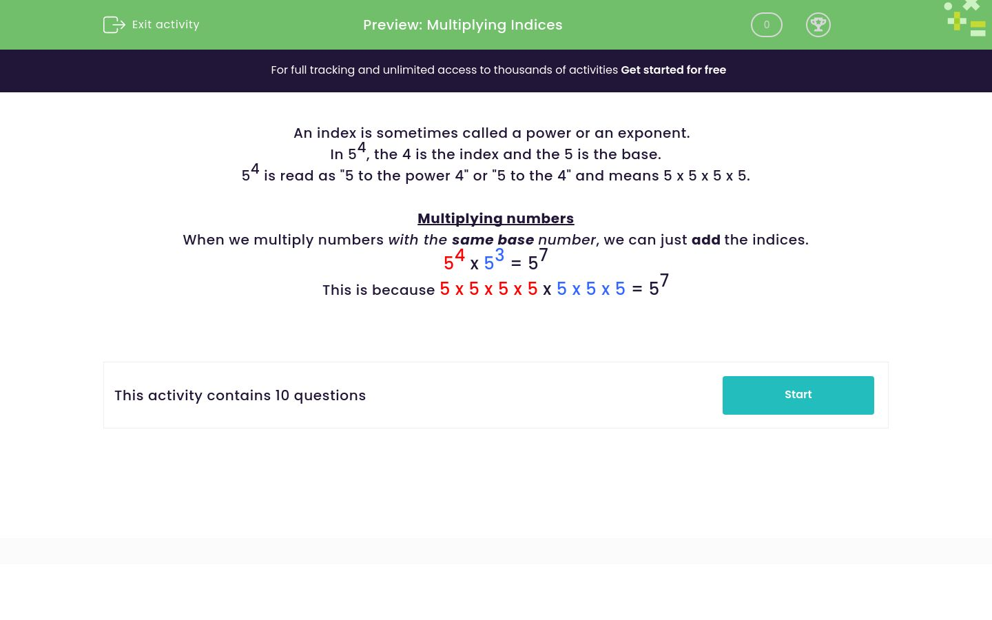 Multiply Indices Worksheet - EdPlace