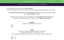 'Use Common Factors to Simplify Fractions' worksheet