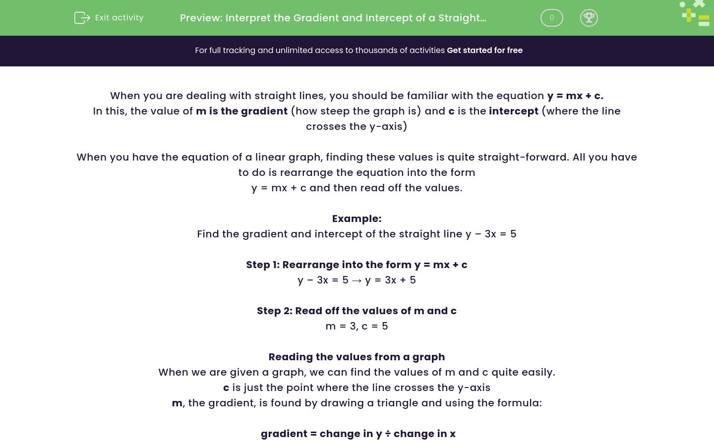 Interpret the Gradient and Intercept of a Straight Line Worksheet - EdPlace