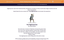 'Answer Questions on a Poem: 'The Highwayman'' worksheet