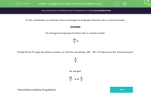 'Change an Improper Fraction into a Mixed Number' worksheet