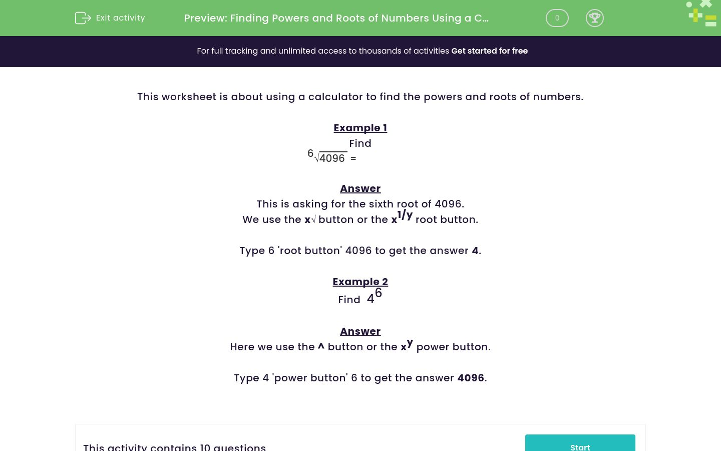 Find Powers and Roots of Numbers Using a Calculator Worksheet - EdPlace