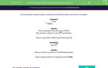 'Finding Powers and Roots of Numbers Using a Calculator' worksheet