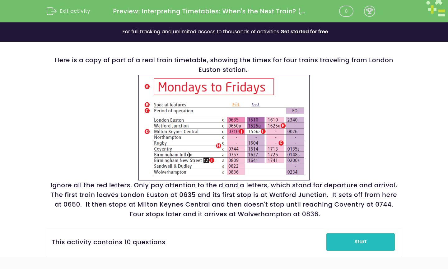 Interpret Train Timetables Worksheet EdPlace