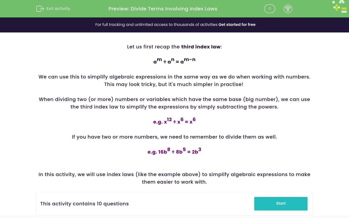 Divide Terms Involving Index Laws Worksheet EdPlace