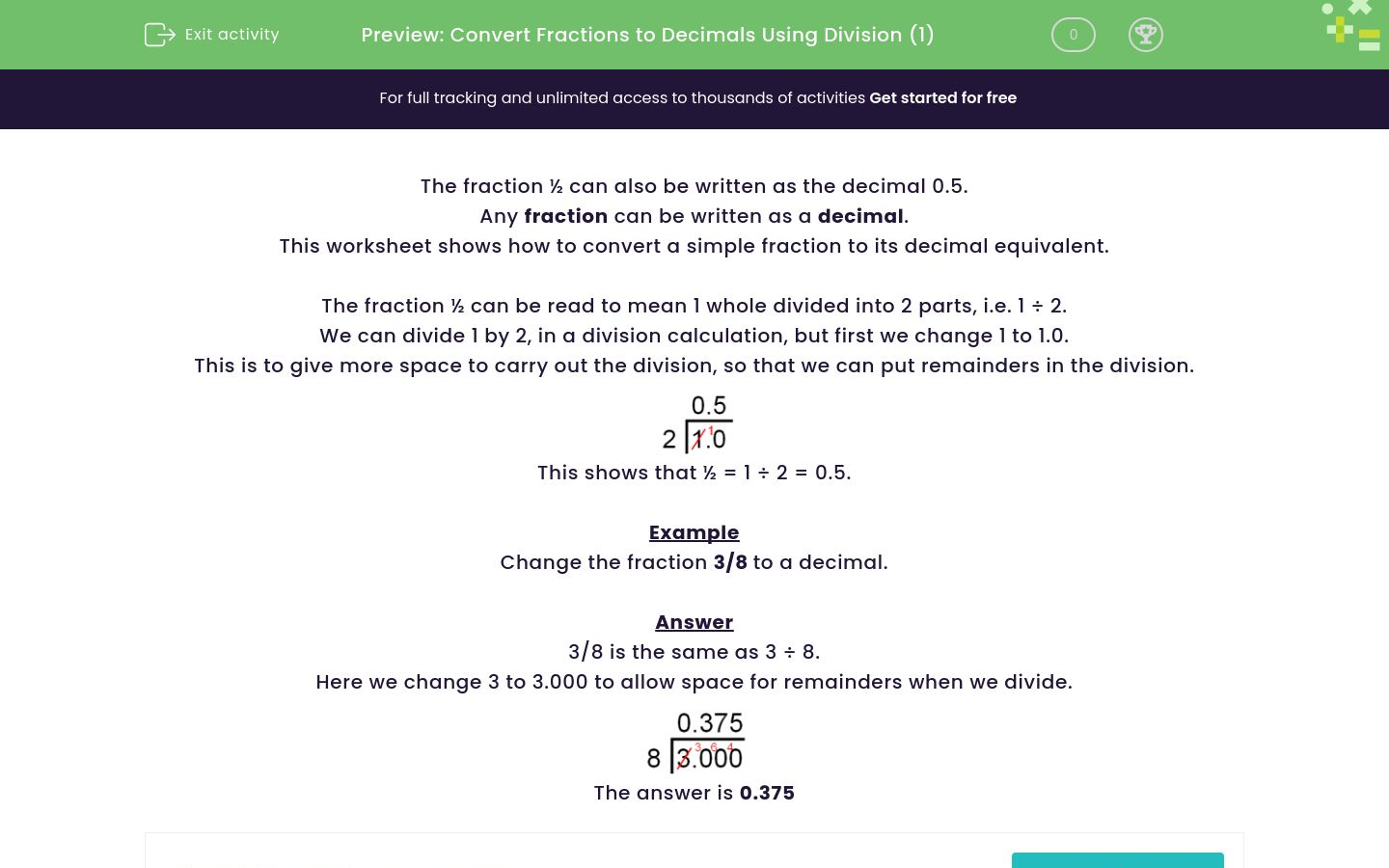 Convert Fractions to Decimals Using Division Worksheet - EdPlace