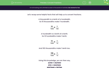 'Convert Fractions to their Equivalents Using 10ths, 100ths and 1,000ths' worksheet