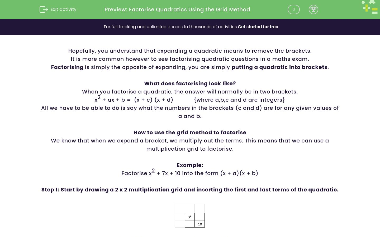 Factorise Quadratics Using the Grid Method Worksheet - EdPlace