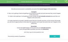 'Identify Mutually Exclusive Events' worksheet