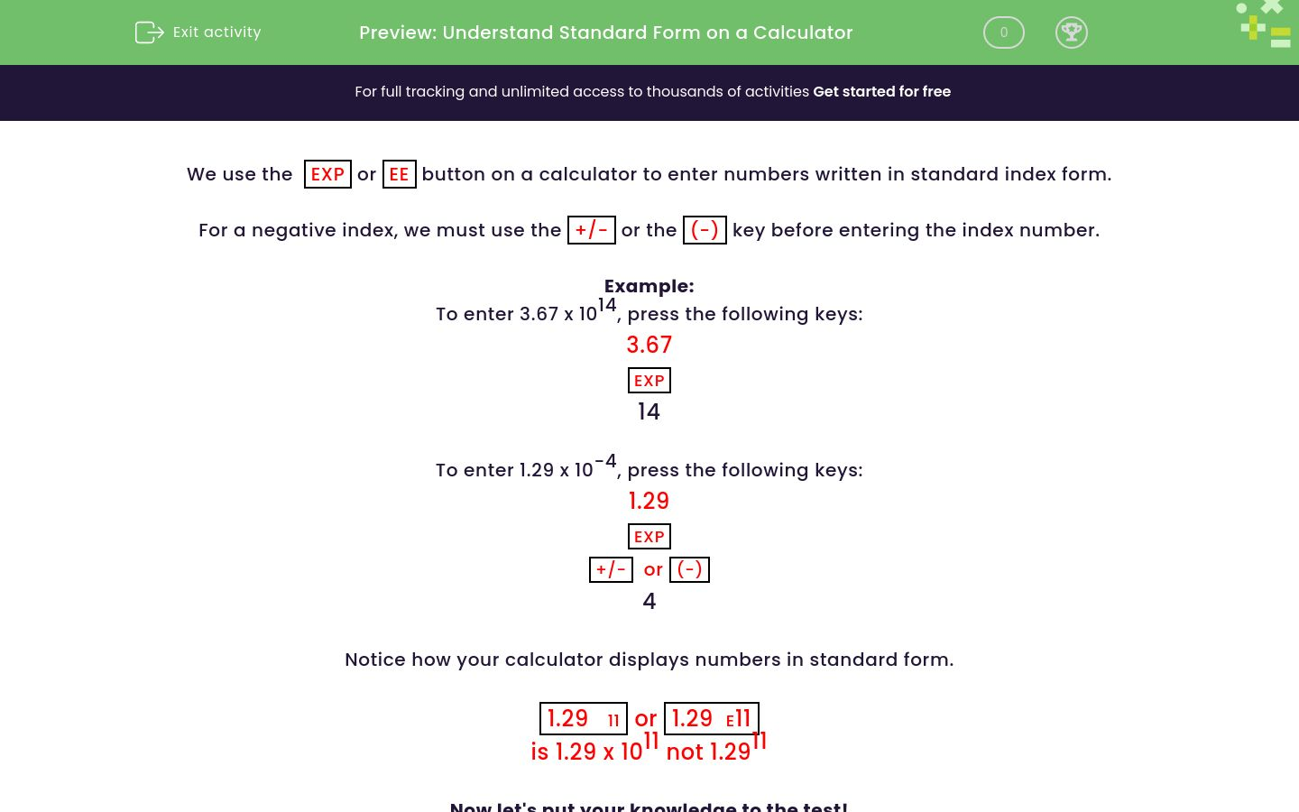 Understand Standard Form on a Calculator Worksheet EdPlace