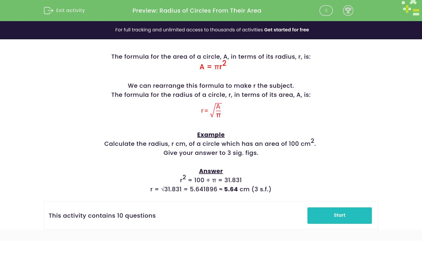 Find the Radius of a Circle From Its Area Worksheet - EdPlace