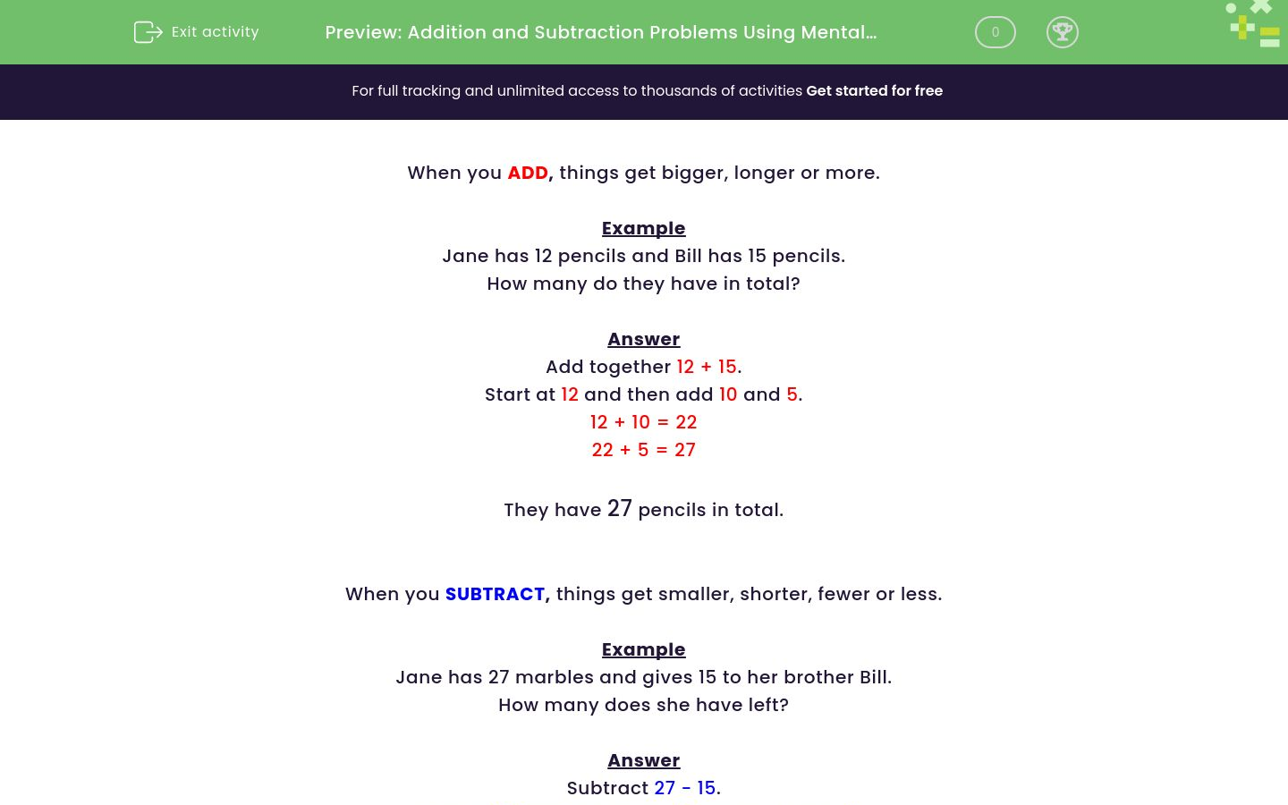 Solve Word Problems Using Mental Methods of Addition and Subtraction ...