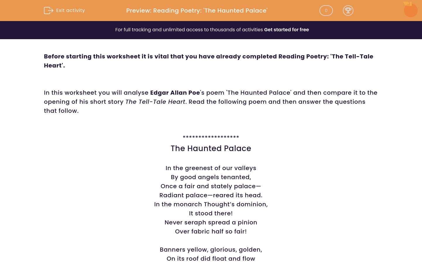 Reading Poetry: 'the Haunted Palace' Worksheet - Edplace