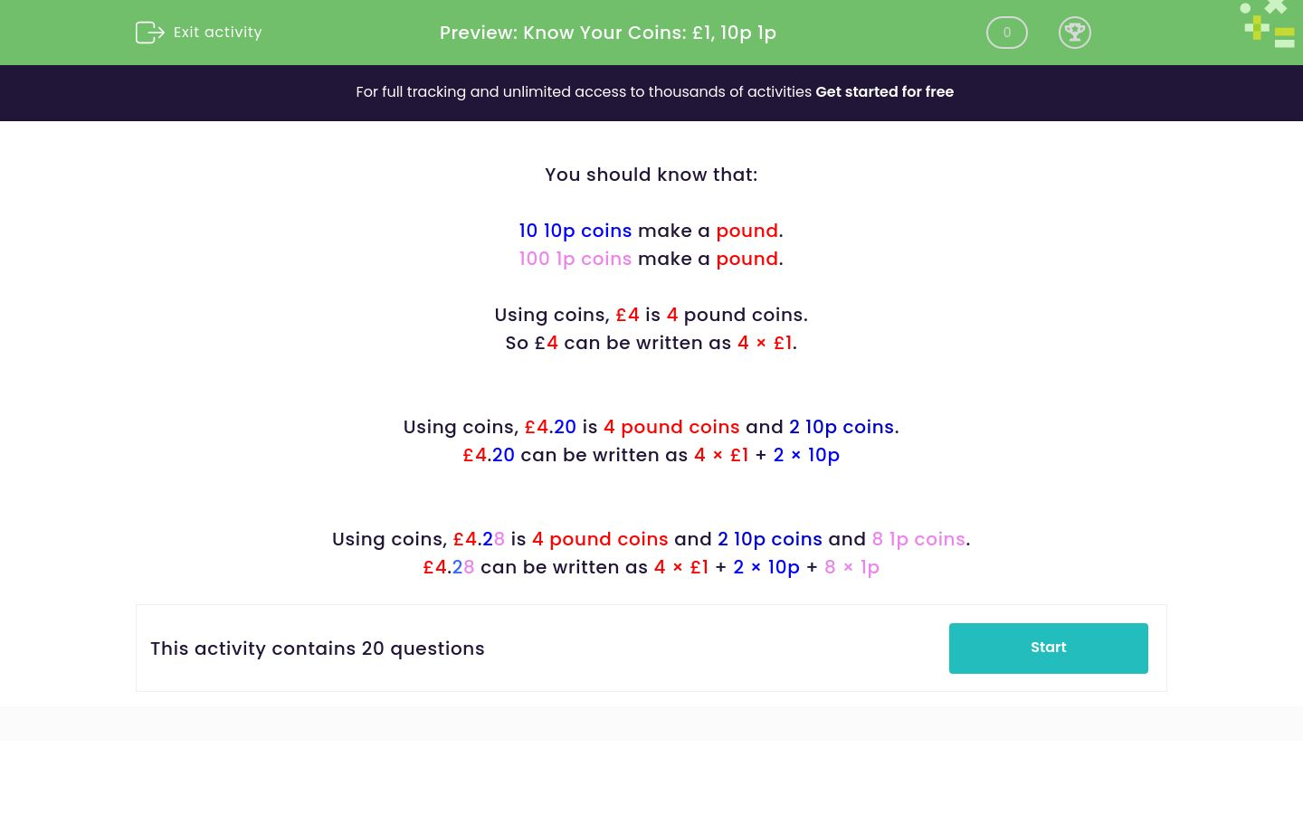 Partition Money into £1, 10p and 1p Coins Worksheet EdPlace