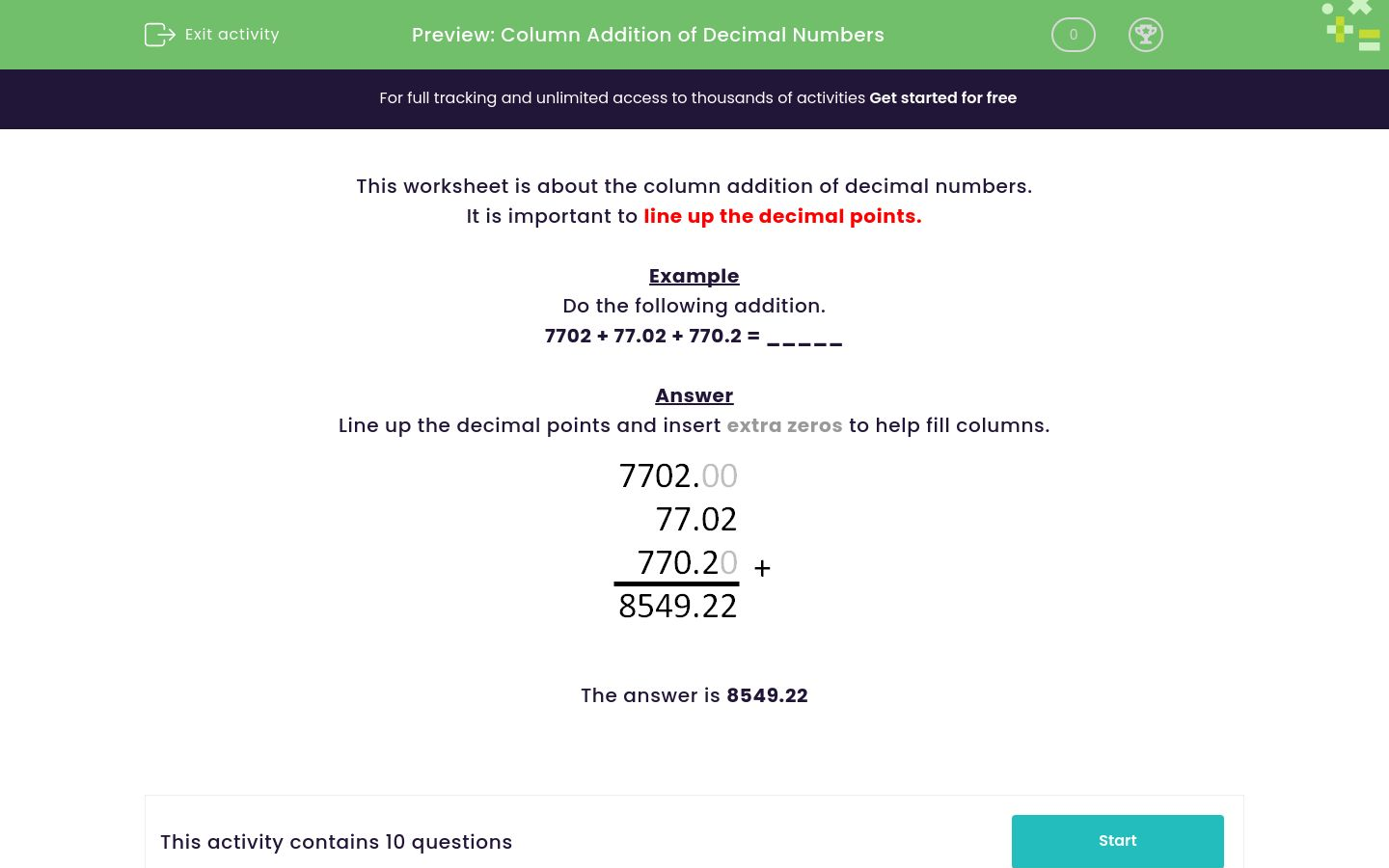 Practise Column Addition of Decimal Numbers Worksheet - EdPlace