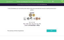 'Counting Cash: The Value of Different Coins (2)' worksheet