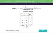 'Finding the Mean from Frequency Tables' worksheet