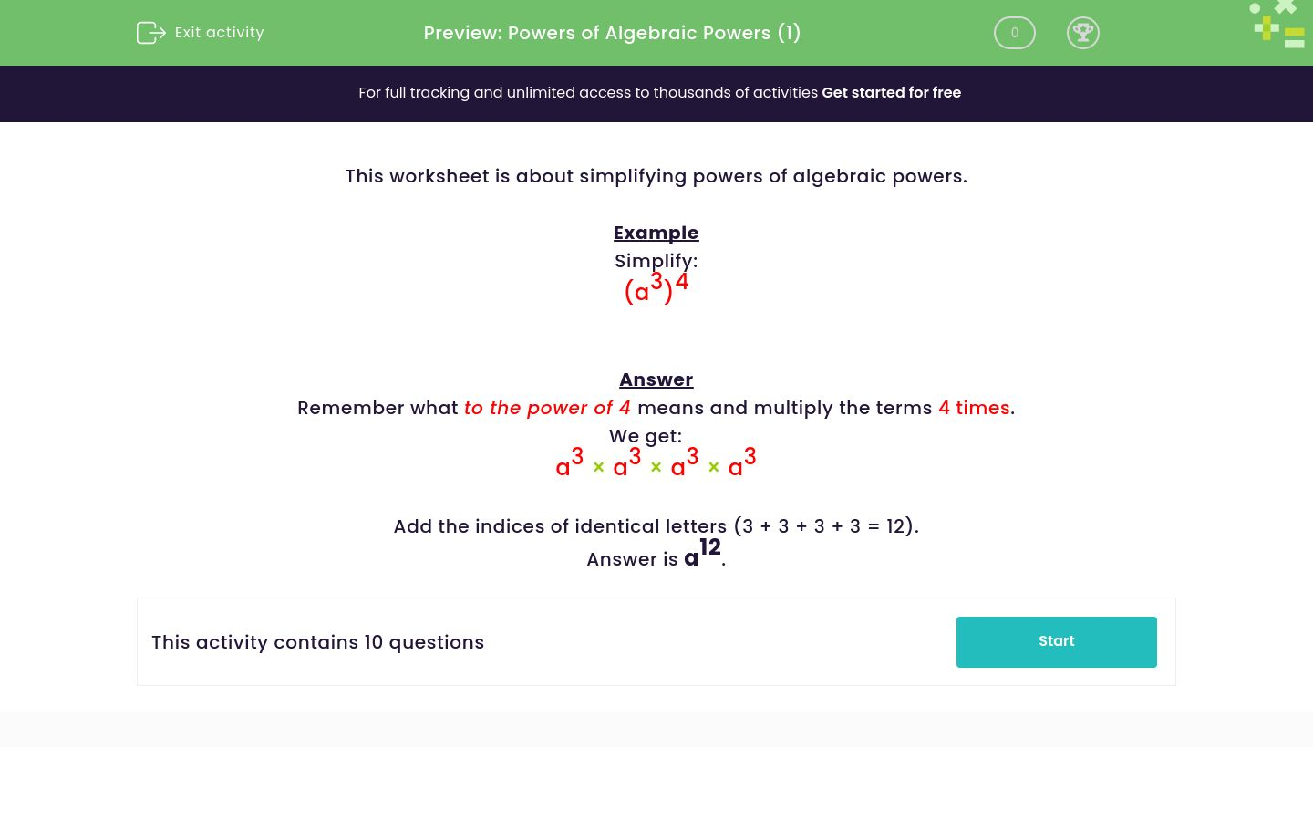 Multiply Algebraic Powers Worksheet - EdPlace