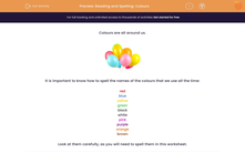 'Reading and Spelling: Colours' worksheet