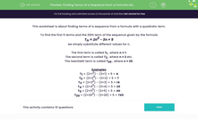 'Finding Terms of a Sequence from a Formula with a Quadratic Term' worksheet