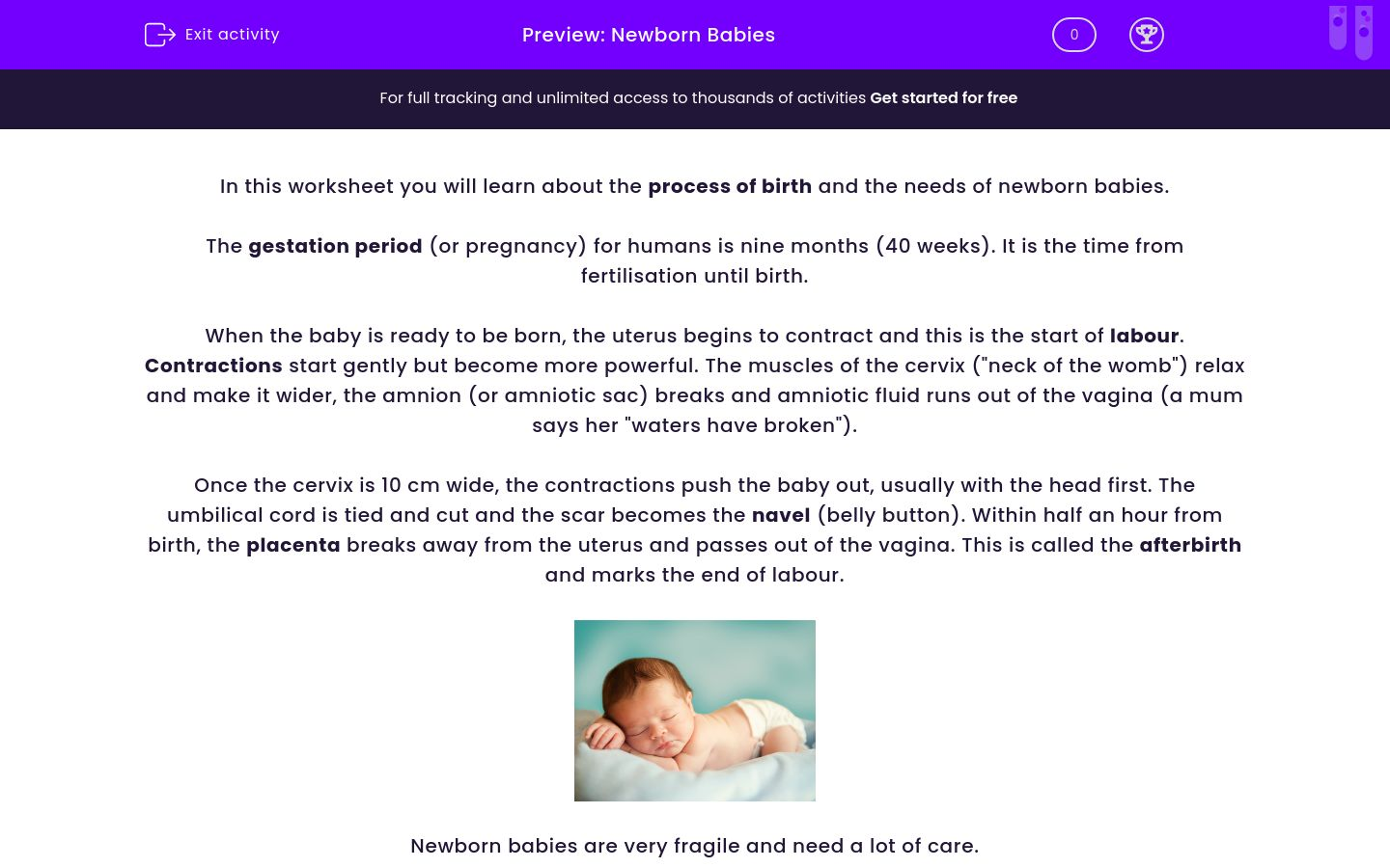Describe the Process of Birth and the Needs of Newborn Babies Worksheet
