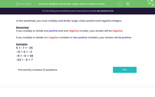 'Multiply and Divide Larger Value Positive and Negative Integers' worksheet