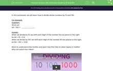'Division with Decimals: Divide by 10 and 100' worksheet