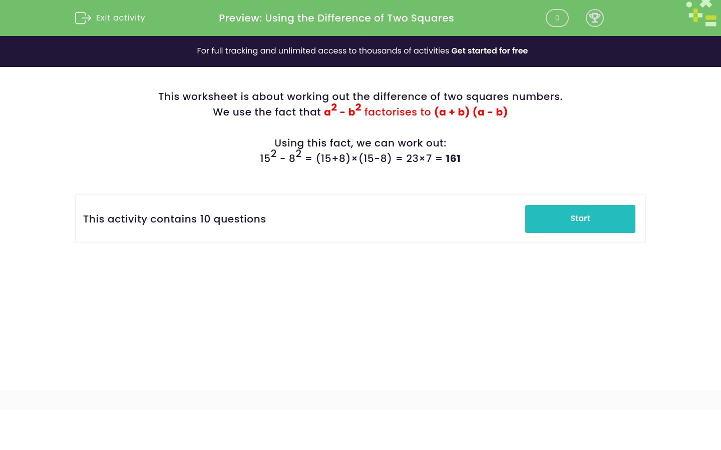 Find the Difference of Two Squares Worksheet - EdPlace