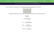 'Comparing Fractions by Changing Them to Decimals' worksheet