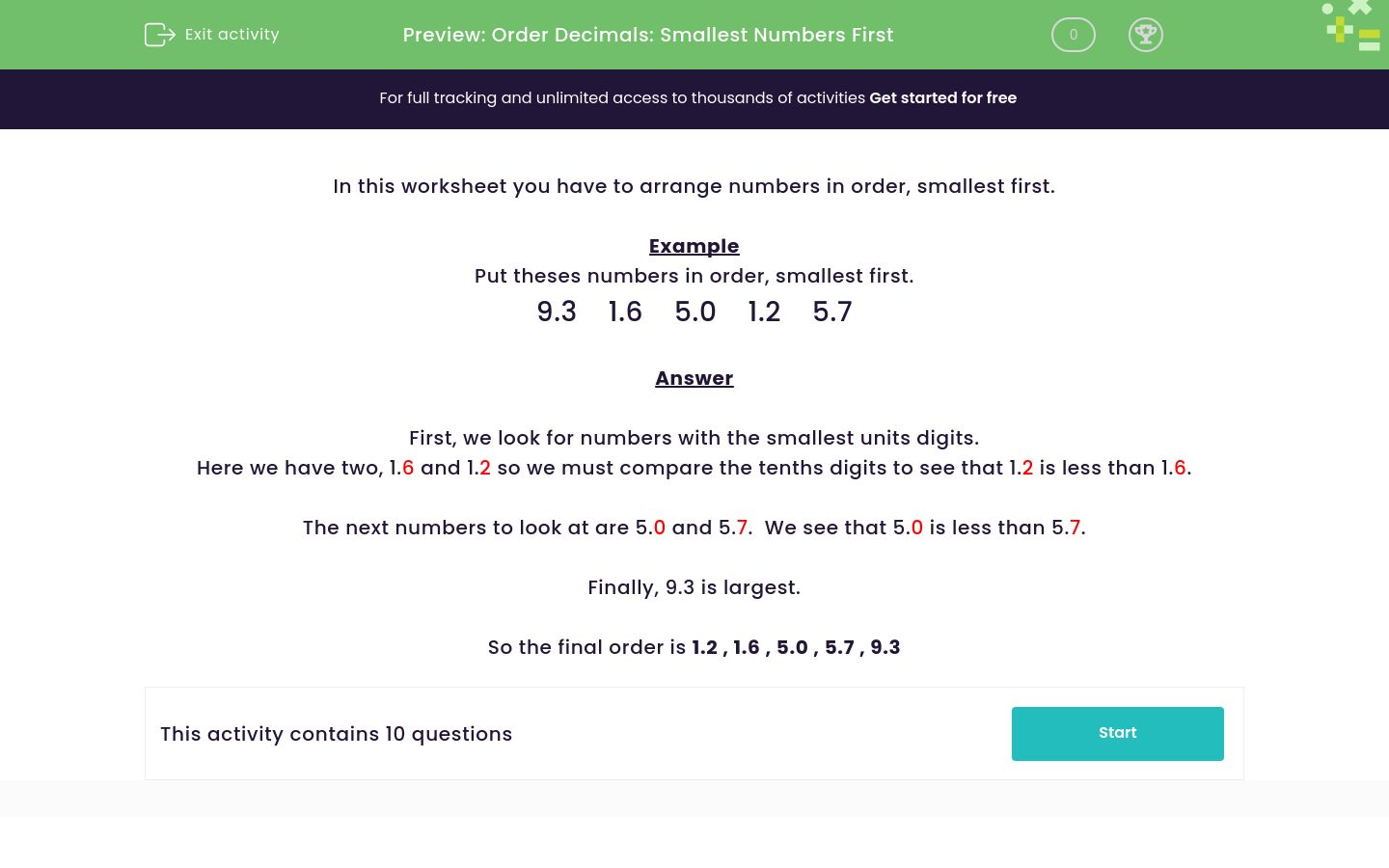 Order Decimals in Ascending Order Worksheet - EdPlace