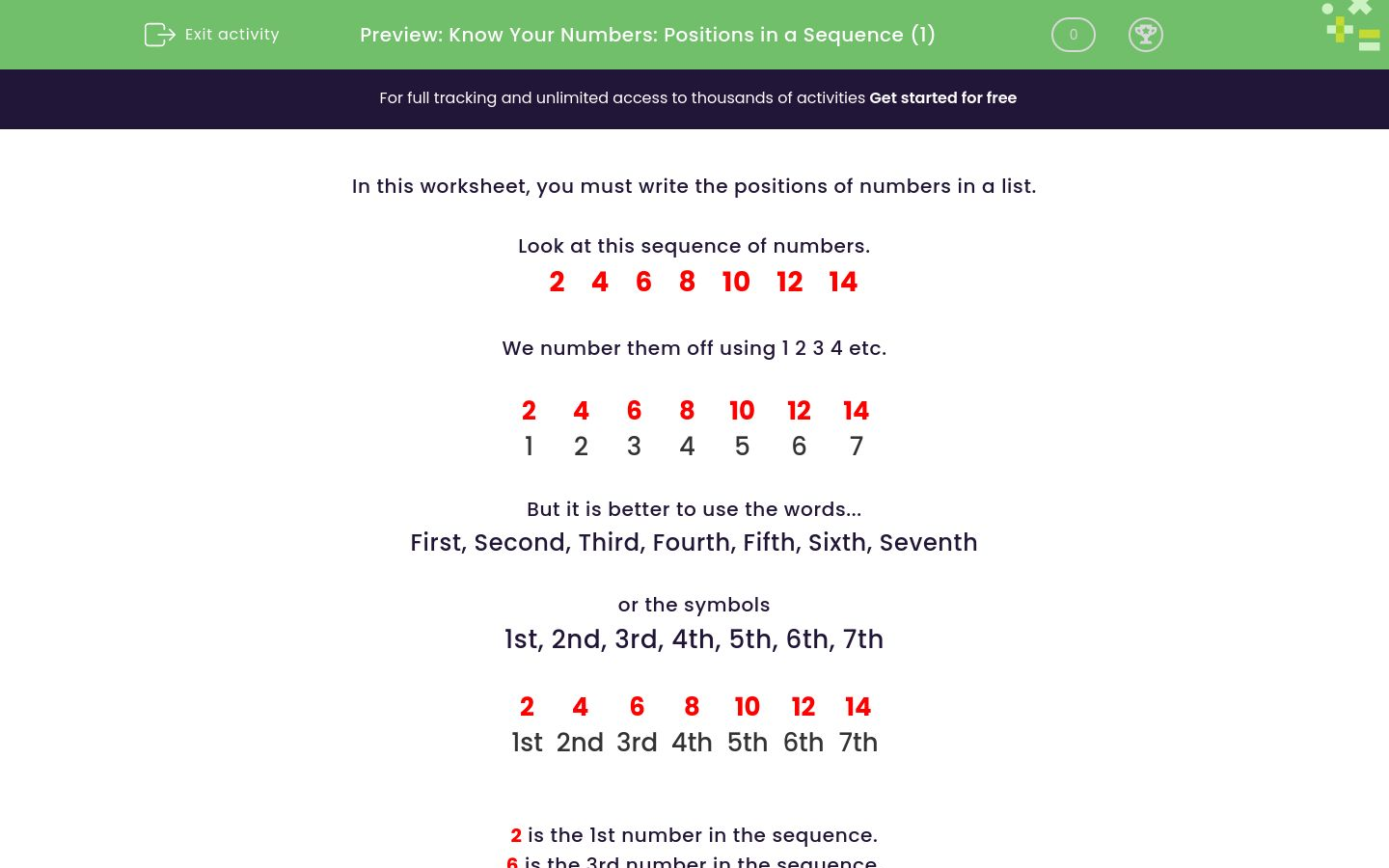 Know Your Numbers: Positions in a Sequence Worksheet - EdPlace