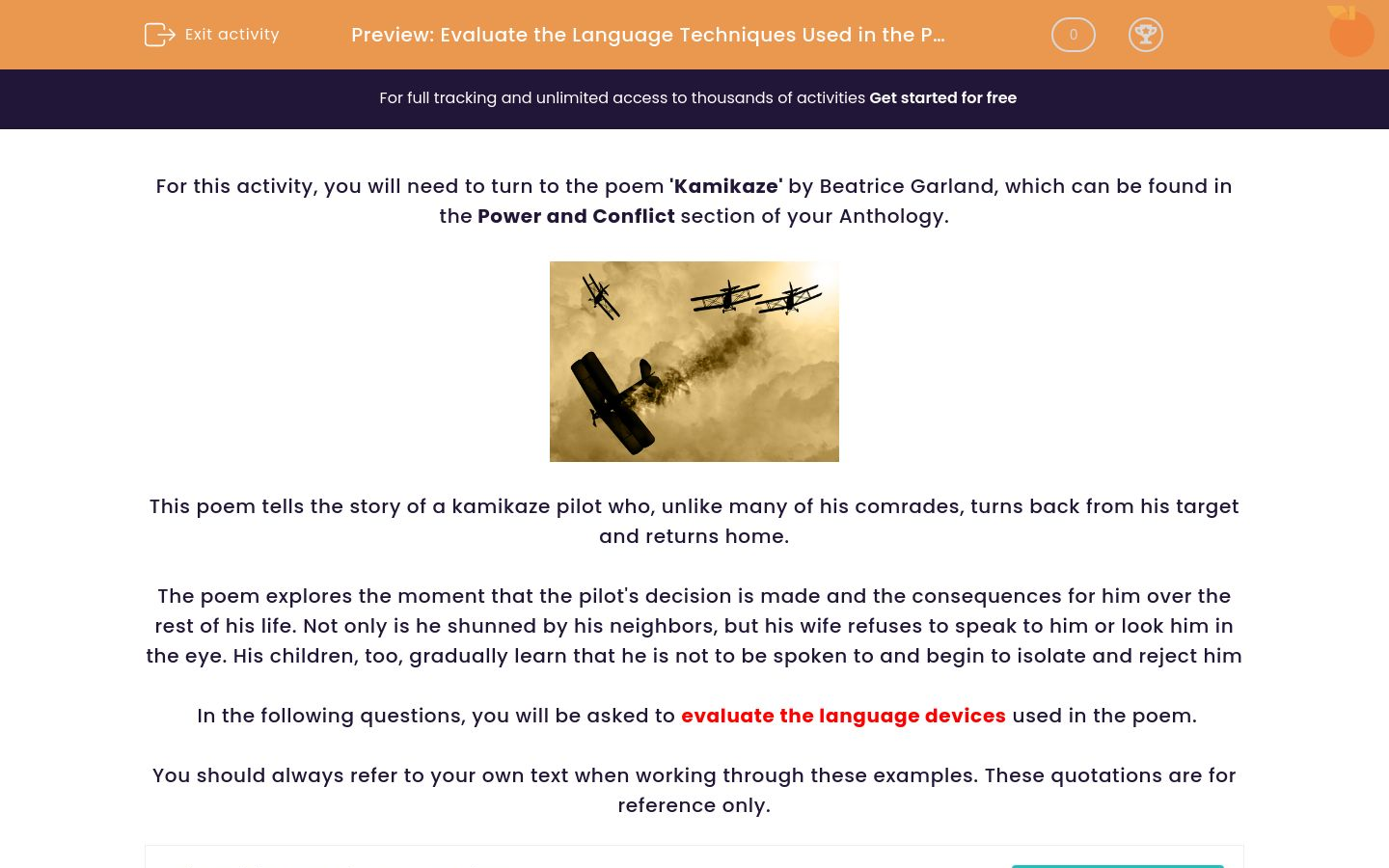 Evaluate the Language Techniques Used in the Poem 'Kamikaze' by Beatrice Garland Worksheet EdPlace