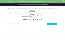 'Round Decimals to Nearest Whole Numbers Before Dividing' worksheet