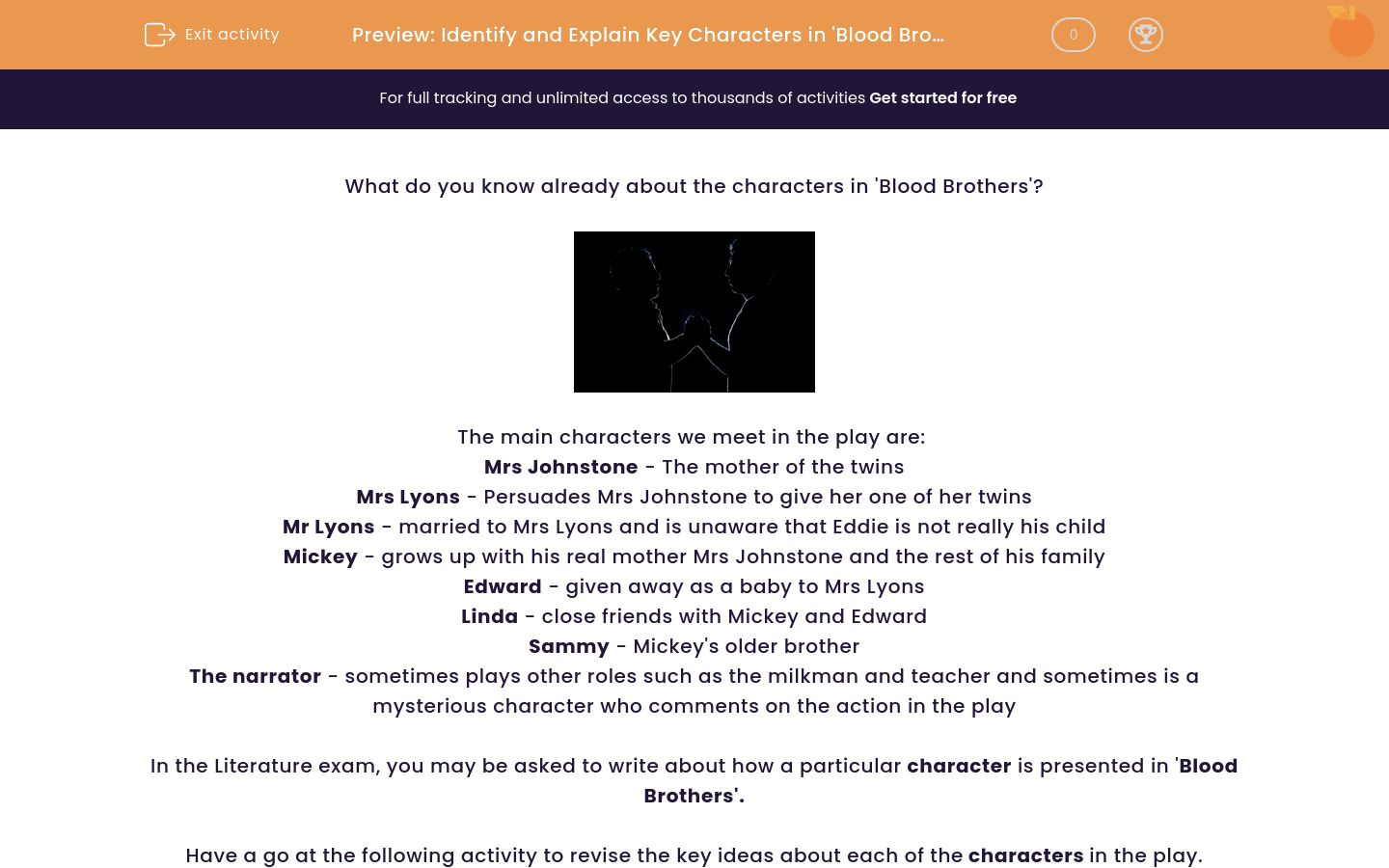 Identify and Explain Key Characters in 'Blood Brothers' Worksheet EdPlace