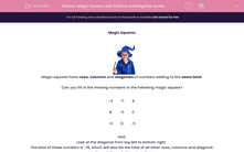 'Complete Magic Squares with Positive and Negative Numbers' worksheet