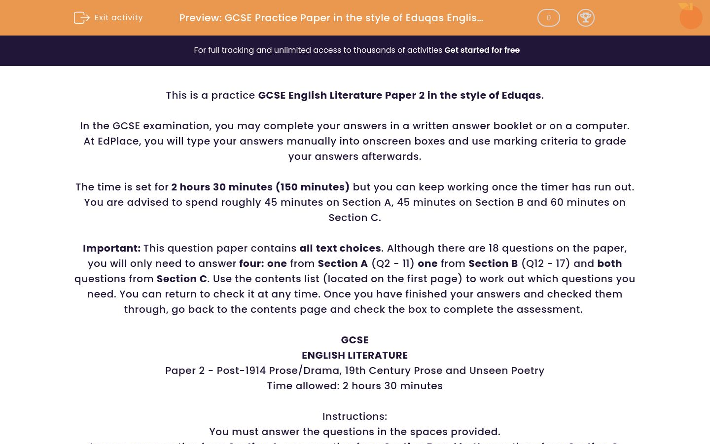 GCSE Practice Paper in the style of Eduqas English Literature Paper 2 ...