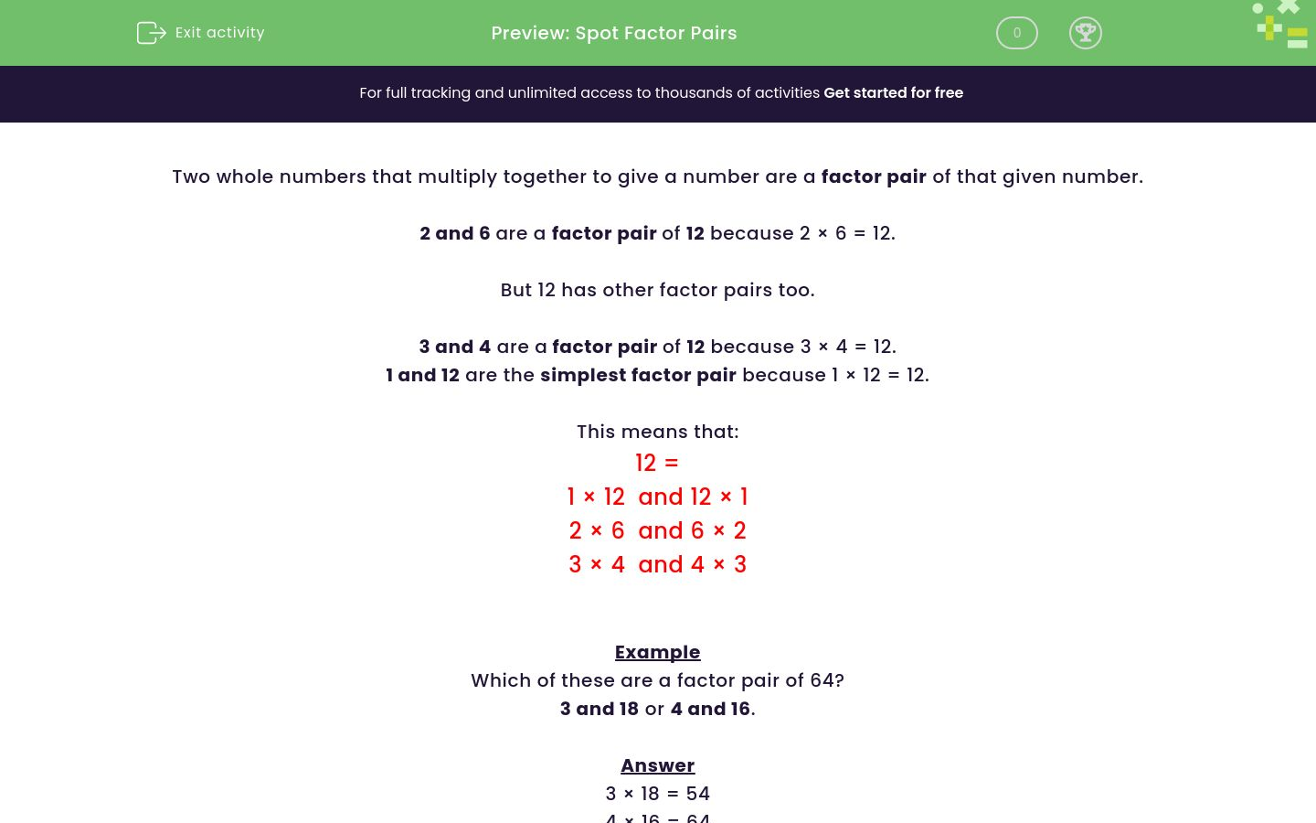 Recognise Factor Pairs Worksheet - EdPlace