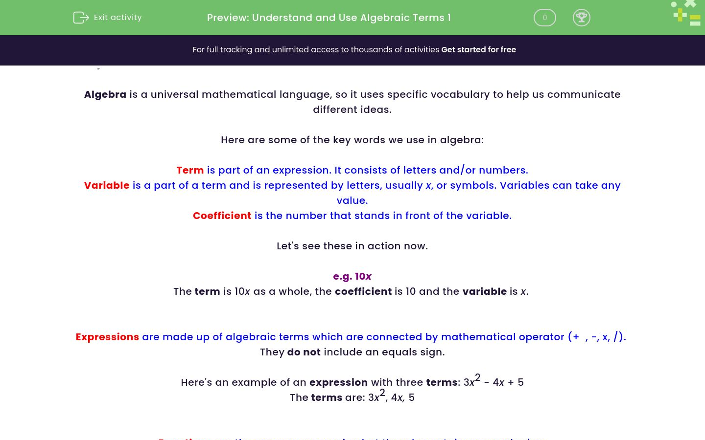 Understand and Use Algebraic Terms 1 Worksheet - EdPlace