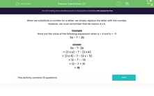 'Use Substitution in Simple Algebraic Expressions' worksheet