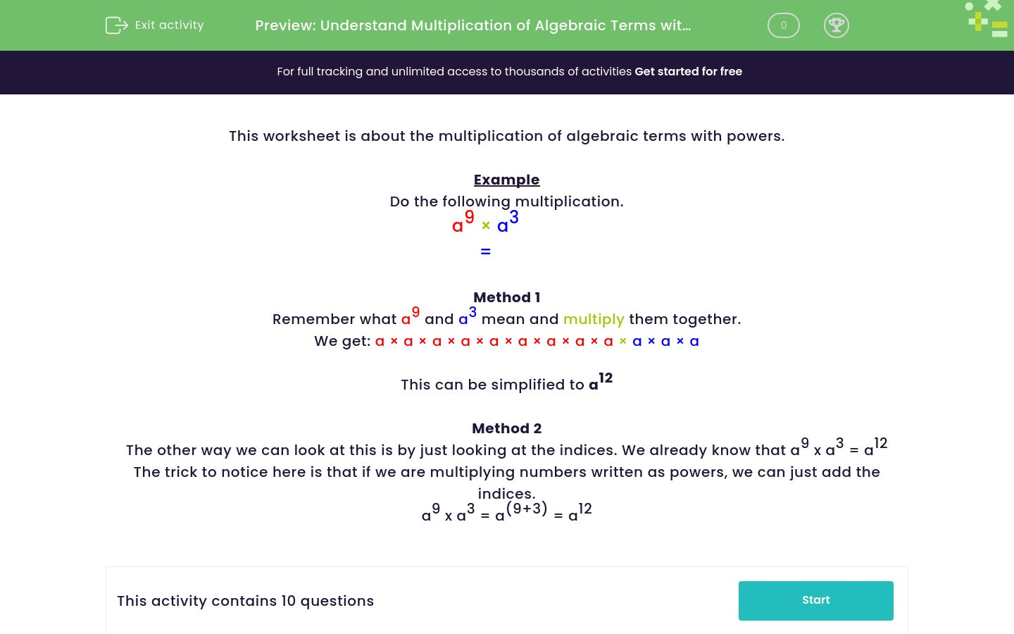 Understand Multiplication of Algebraic Terms with Powers Worksheet ...