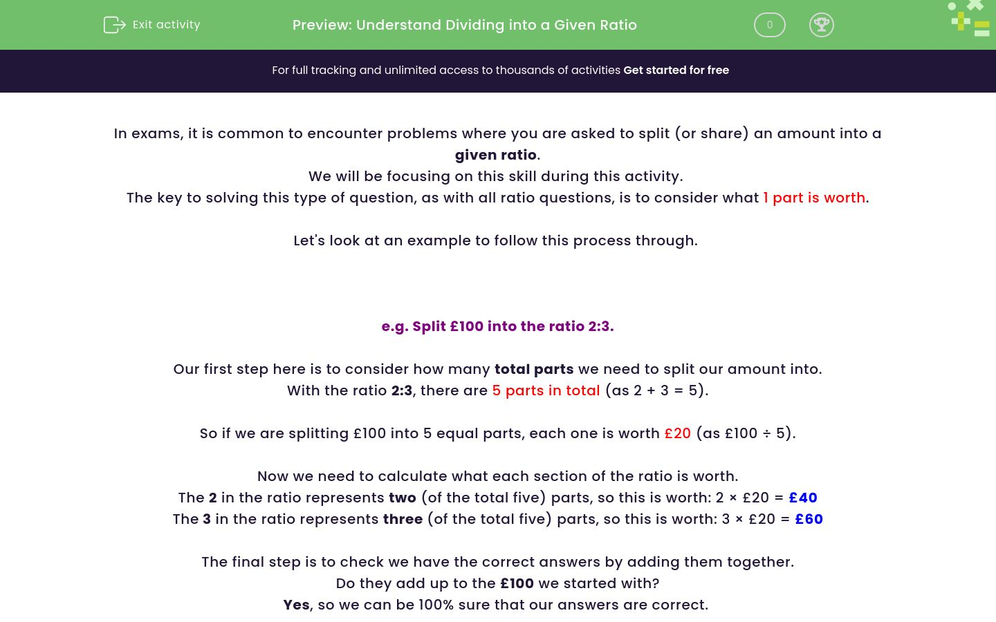 Understand Dividing into a Given Ratio Worksheet - EdPlace