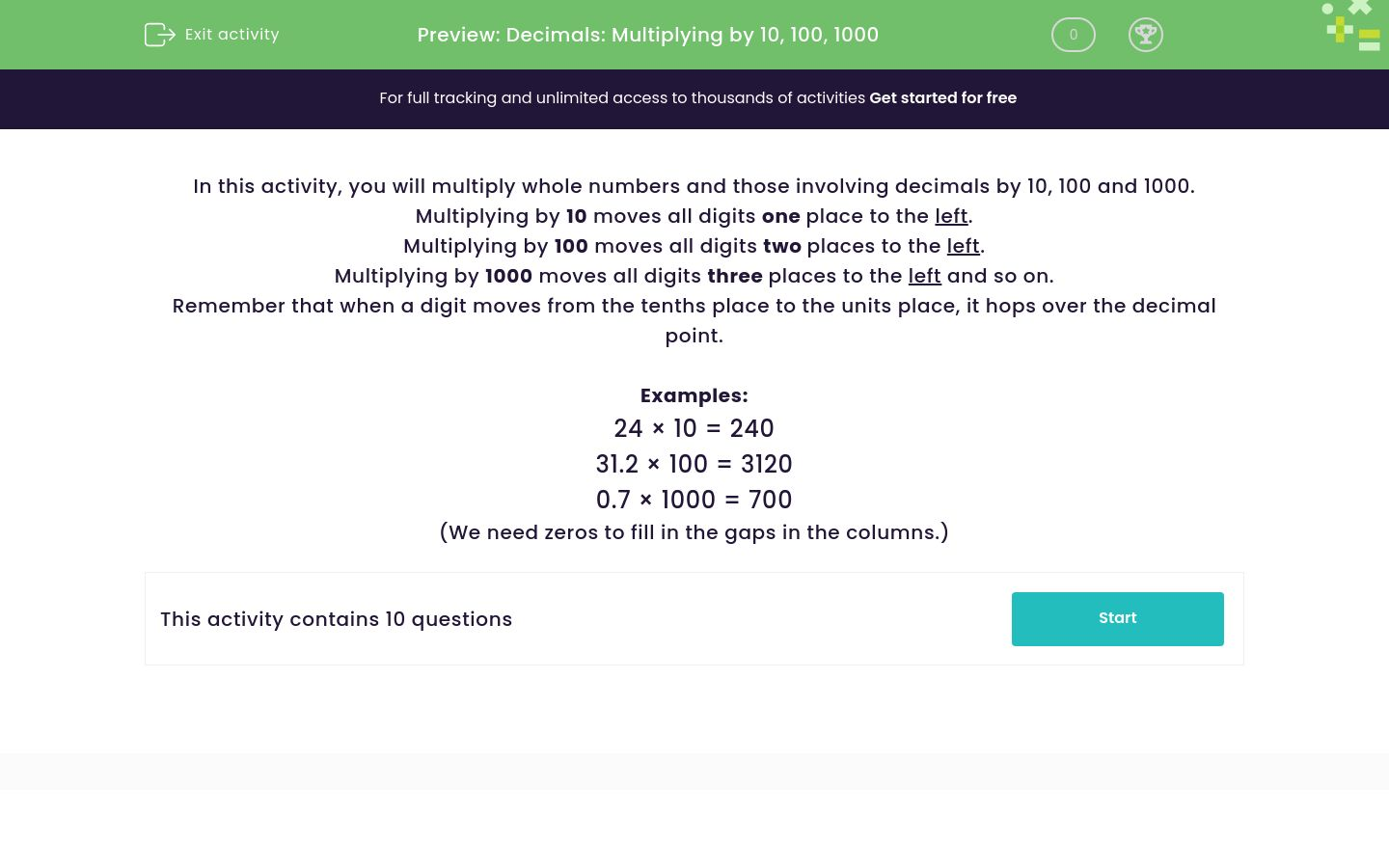 Multiply Decimals by 10, 100 and 1,000 Worksheet - EdPlace