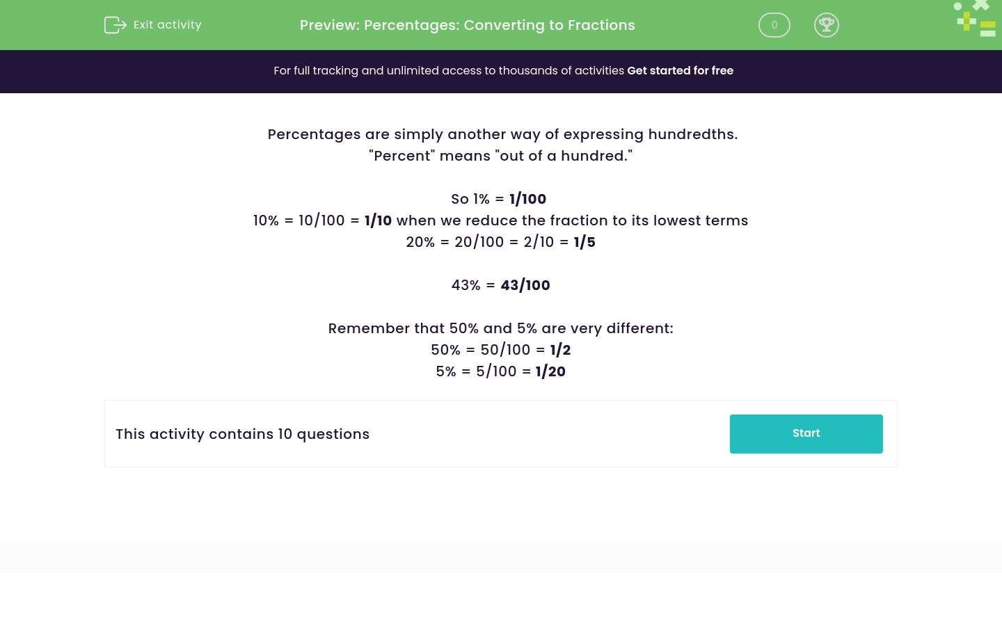 Convert Percentages to Fractions Worksheet - EdPlace